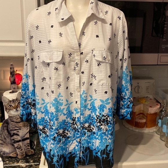 L womens Notations casual floral 3/4 sleeve button down plus size blouse 2X - Picture 1 of 4